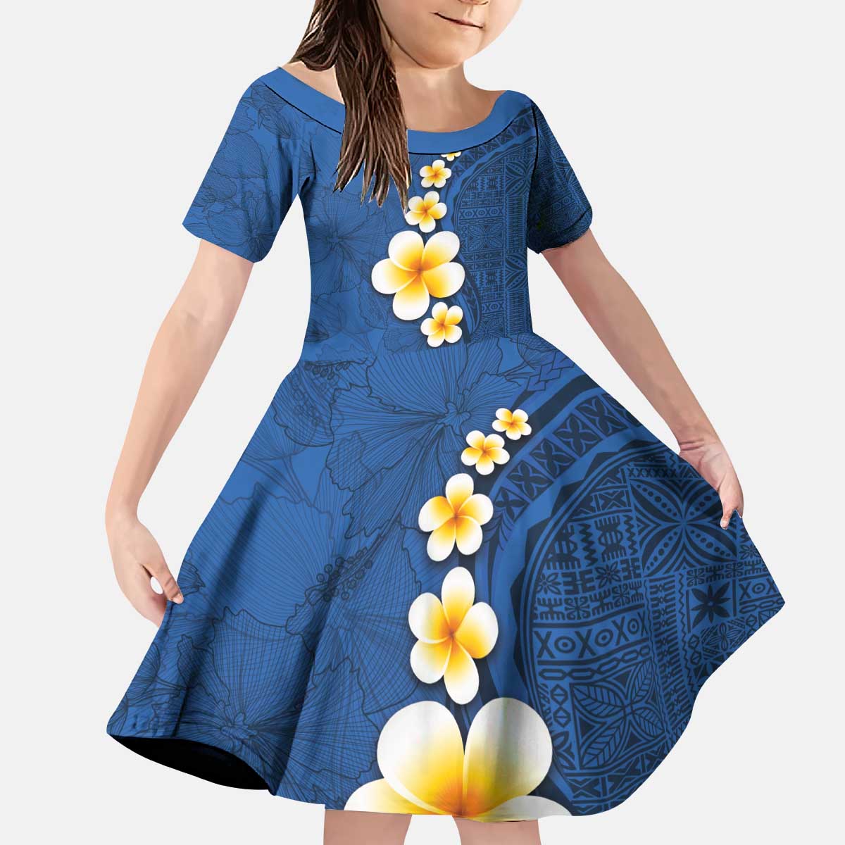 Polynesian Hibiscus and Plumeria with Tapa Pattern Kid Short Sleeve Dress Blue Color