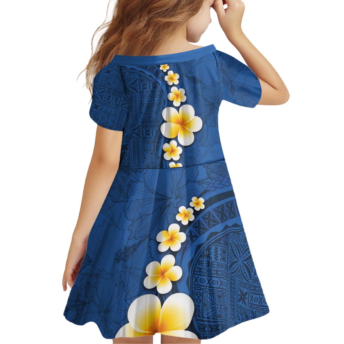 Polynesian Hibiscus and Plumeria with Tapa Pattern Kid Short Sleeve Dress Blue Color