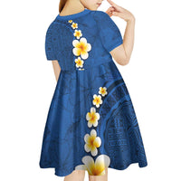 Polynesian Hibiscus and Plumeria with Tapa Pattern Kid Short Sleeve Dress Blue Color