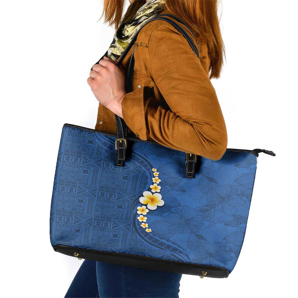 Polynesian Hibiscus and Plumeria with Tapa Pattern Leather Tote Bag Blue Color