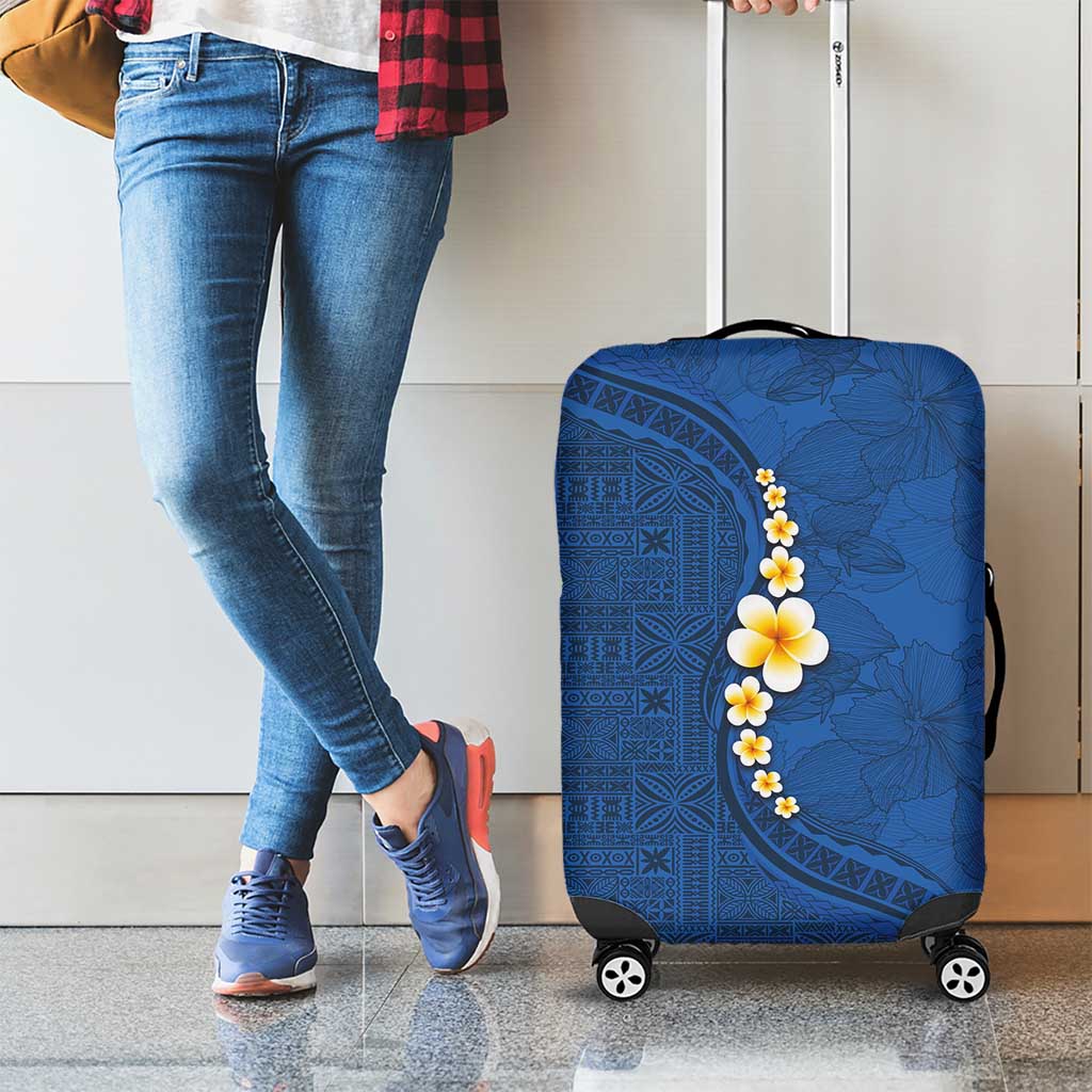 Polynesian Hibiscus and Plumeria with Tapa Pattern Luggage Cover Blue Color