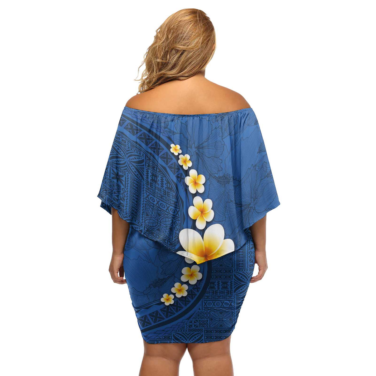 Polynesian Hibiscus and Plumeria with Tapa Pattern Off Shoulder Short Dress Blue Color
