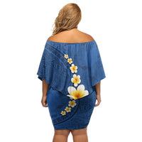 Polynesian Hibiscus and Plumeria with Tapa Pattern Off Shoulder Short Dress Blue Color