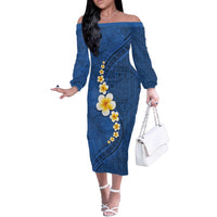 Polynesian Hibiscus and Plumeria with Tapa Pattern Off The Shoulder Long Sleeve Dress Blue Color