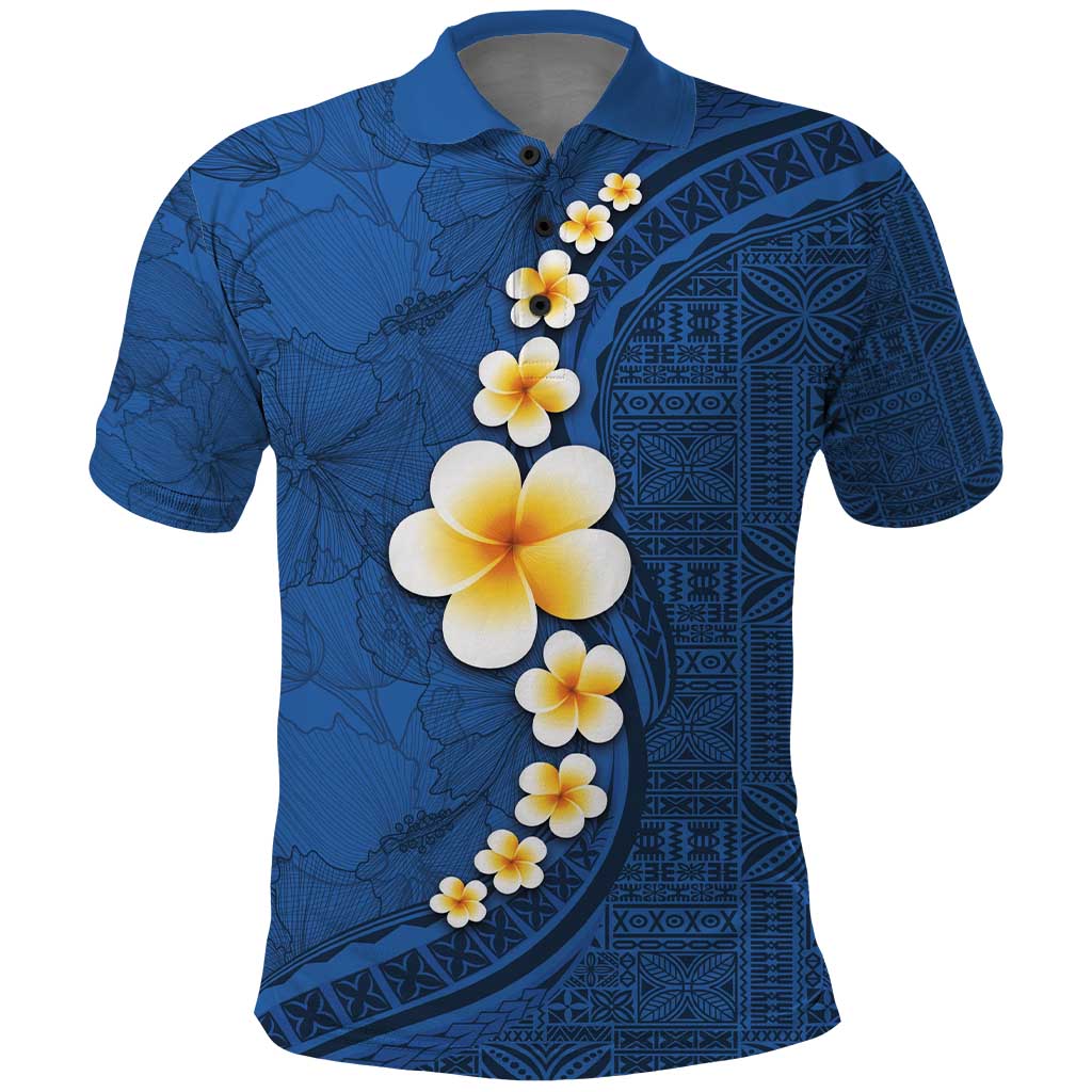 Polynesian Hibiscus and Plumeria with Tapa Pattern Polo Shirt Blue Color