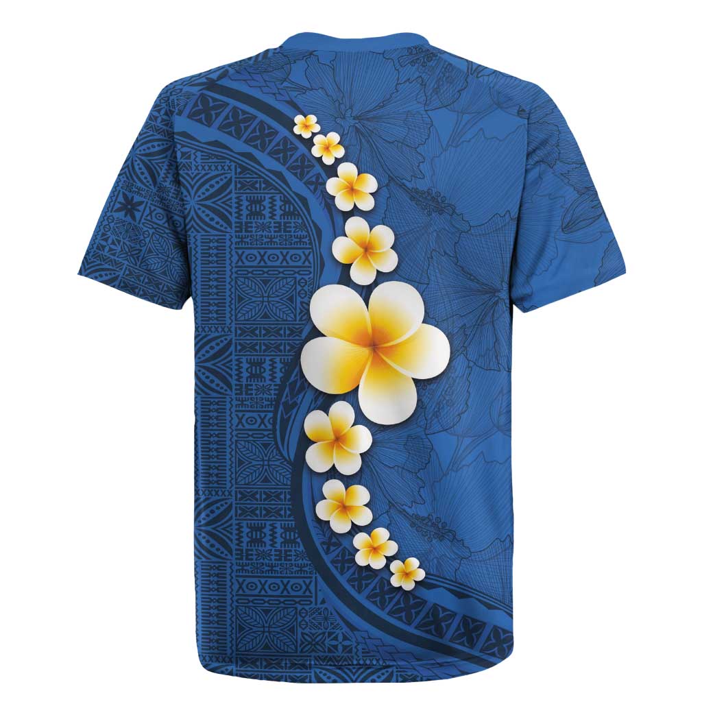 Polynesian Hibiscus and Plumeria with Tapa Pattern Rugby Jersey Blue Color