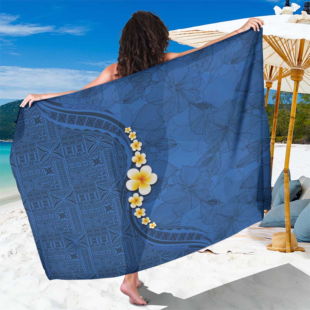 Polynesian Hibiscus and Plumeria with Tapa Pattern Sarong Blue Color