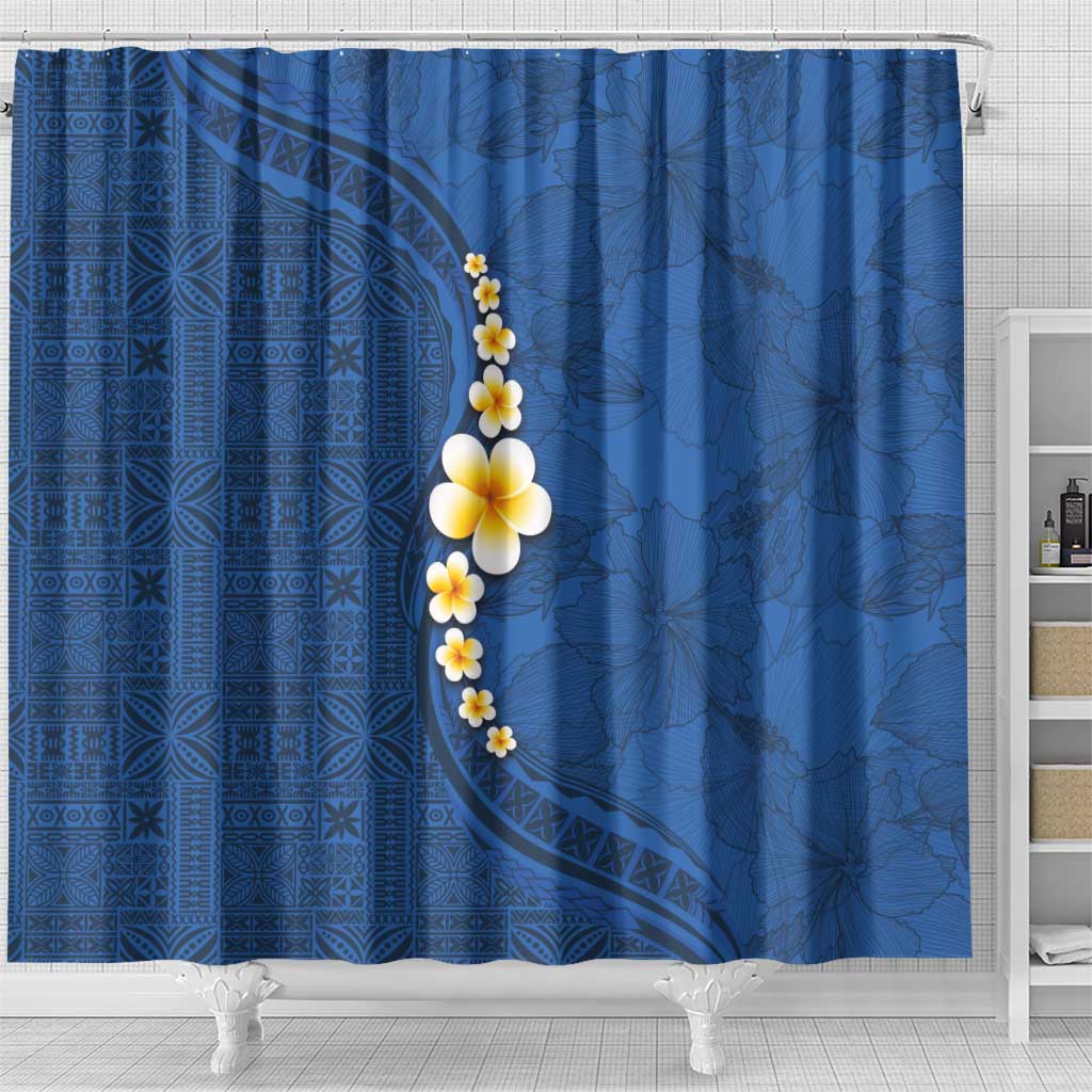 Polynesian Hibiscus and Plumeria with Tapa Pattern Shower Curtain Blue Color
