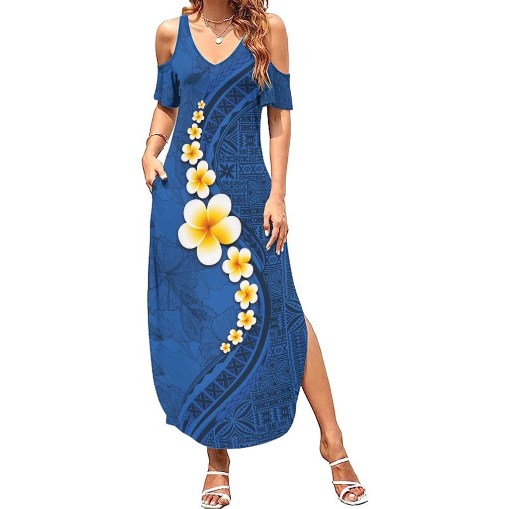 Polynesian Hibiscus and Plumeria with Tapa Pattern Summer Maxi Dress Blue Color