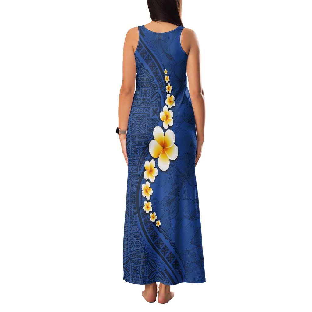 Polynesian Hibiscus and Plumeria with Tapa Pattern Tank Maxi Dress Blue Color
