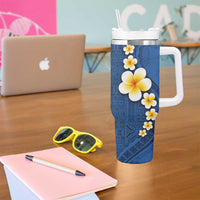 Polynesian Hibiscus and Plumeria with Tapa Pattern Tumbler With Handle Blue Color