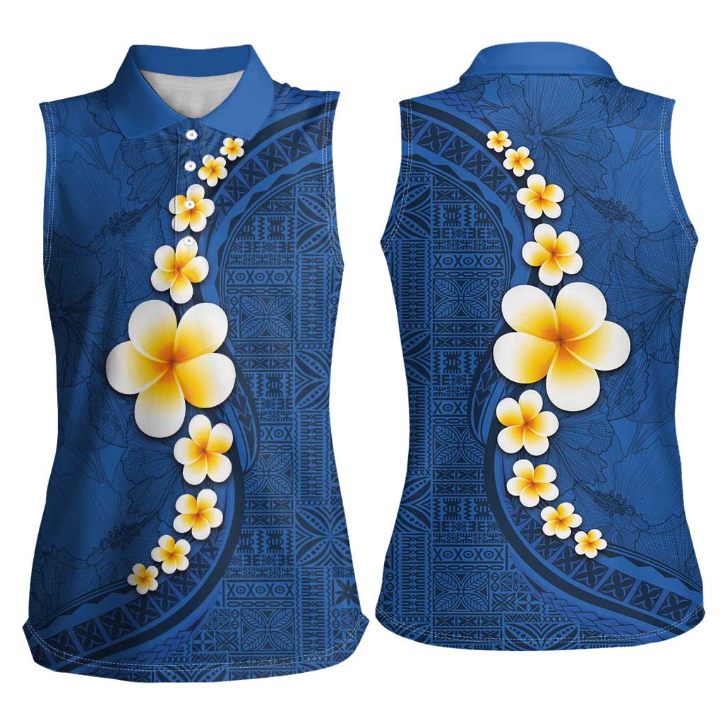 Polynesian Hibiscus and Plumeria with Tapa Pattern Women Sleeveless Polo Shirt Blue Color