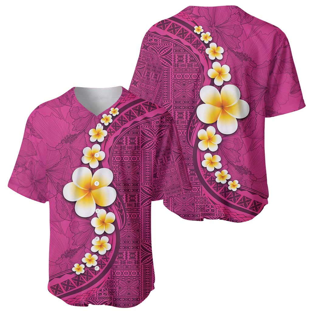 Polynesian Hibiscus and Plumeria with Tapa Pattern Baseball Jersey Pink Color