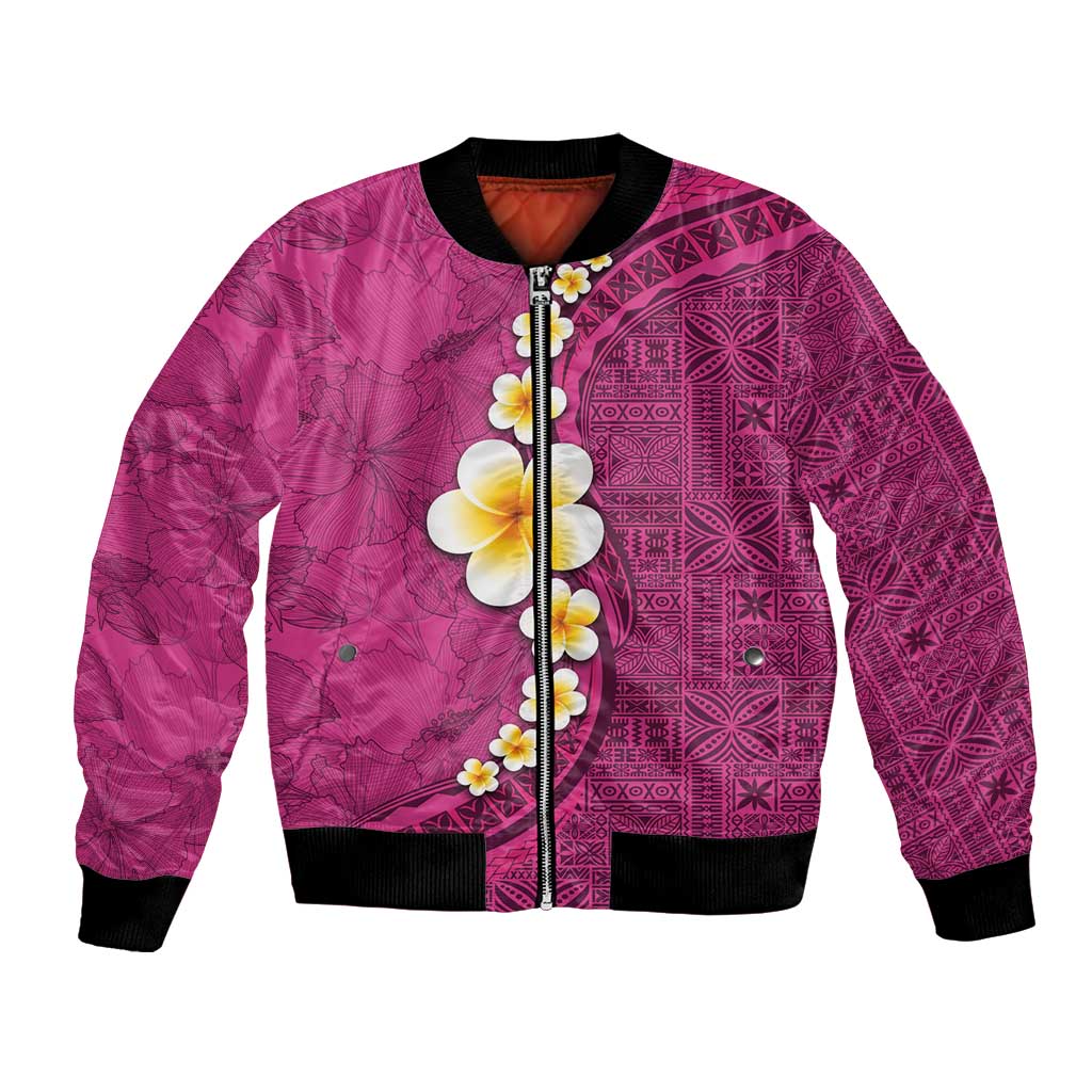 Polynesian Hibiscus and Plumeria with Tapa Pattern Bomber Jacket Pink Color