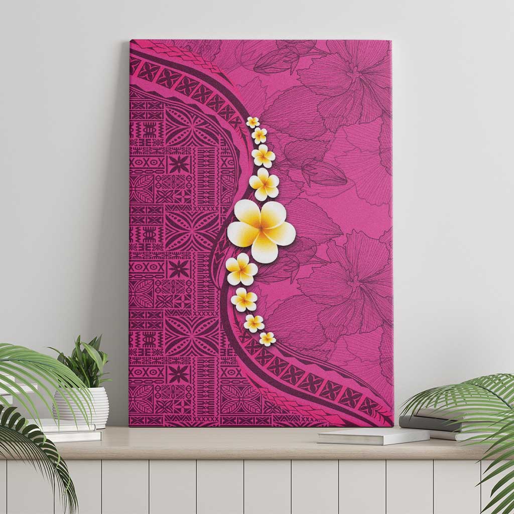 Polynesian Hibiscus and Plumeria with Tapa Pattern Canvas Wall Art Pink Color