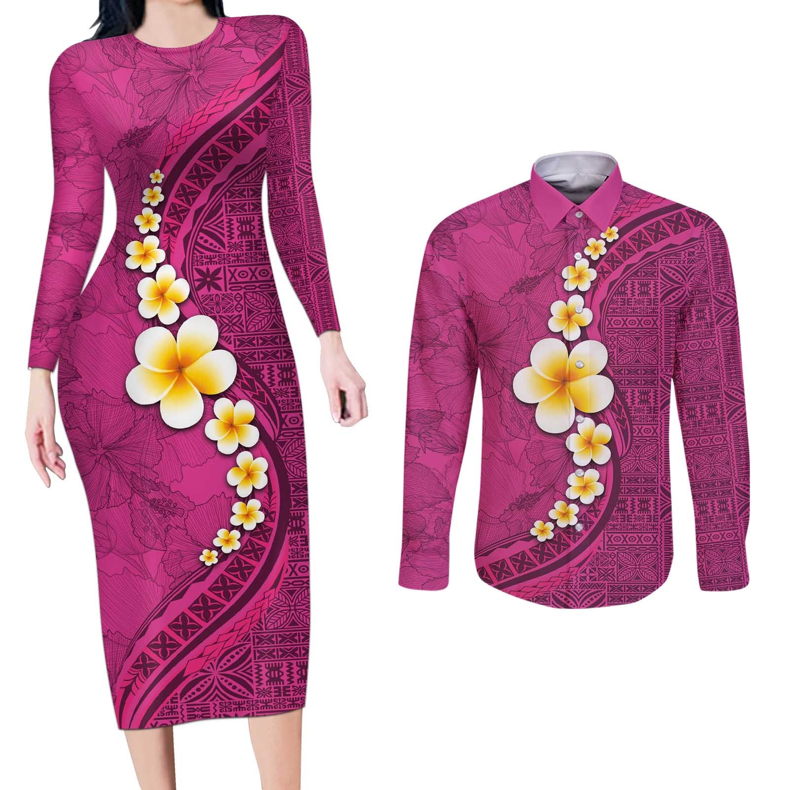 Polynesian Hibiscus and Plumeria with Tapa Pattern Couples Matching Long Sleeve Bodycon Dress and Long Sleeve Button Shirt Pink Color LT03 Pink - Polynesian Pride