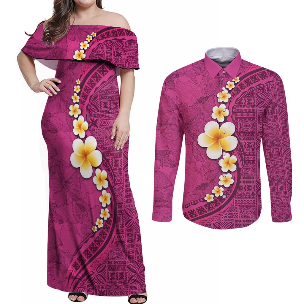 Polynesian Hibiscus and Plumeria with Tapa Pattern Couples Matching Off Shoulder Maxi Dress and Long Sleeve Button Shirt Pink Color