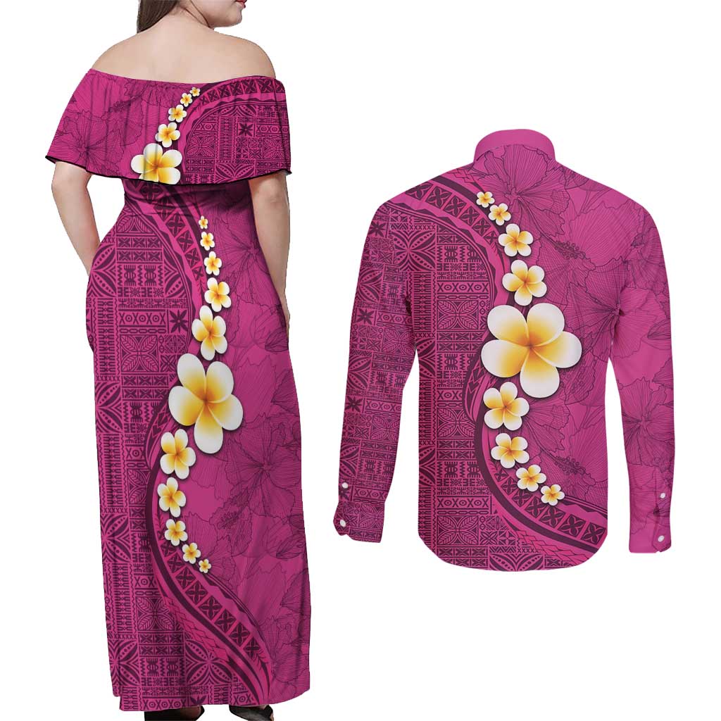 Polynesian Hibiscus and Plumeria with Tapa Pattern Couples Matching Off Shoulder Maxi Dress and Long Sleeve Button Shirt Pink Color