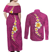 Polynesian Hibiscus and Plumeria with Tapa Pattern Couples Matching Off Shoulder Maxi Dress and Long Sleeve Button Shirt Pink Color