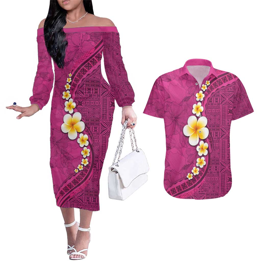 Polynesian Hibiscus and Plumeria with Tapa Pattern Couples Matching Off The Shoulder Long Sleeve Dress and Hawaiian Shirt Pink Color