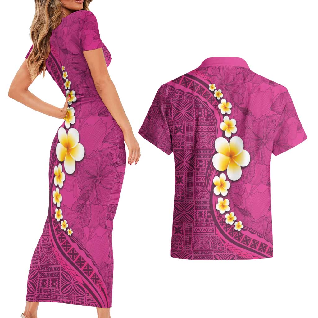 Polynesian Hibiscus and Plumeria with Tapa Pattern Couples Matching Short Sleeve Bodycon Dress and Hawaiian Shirt Pink Color