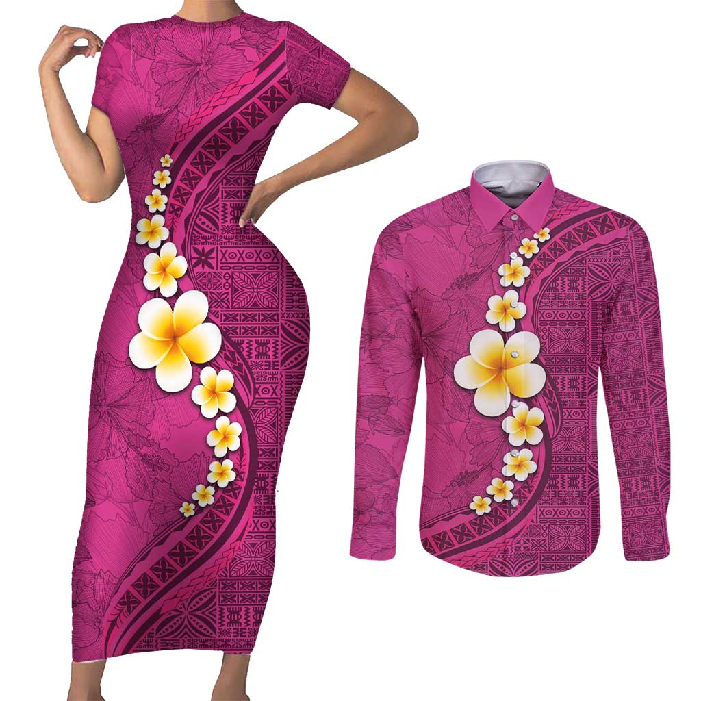 Polynesian Hibiscus and Plumeria with Tapa Pattern Couples Matching Short Sleeve Bodycon Dress and Long Sleeve Button Shirt Pink Color