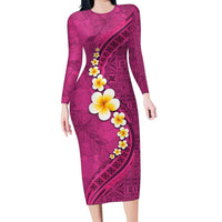 Polynesian Hibiscus and Plumeria with Tapa Pattern Family Matching Long Sleeve Bodycon Dress and Hawaiian Shirt Pink Color LT03 Mom's Dress Pink - Polynesian Pride