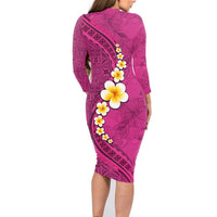 Polynesian Hibiscus and Plumeria with Tapa Pattern Family Matching Long Sleeve Bodycon Dress and Hawaiian Shirt Pink Color LT03 - Polynesian Pride