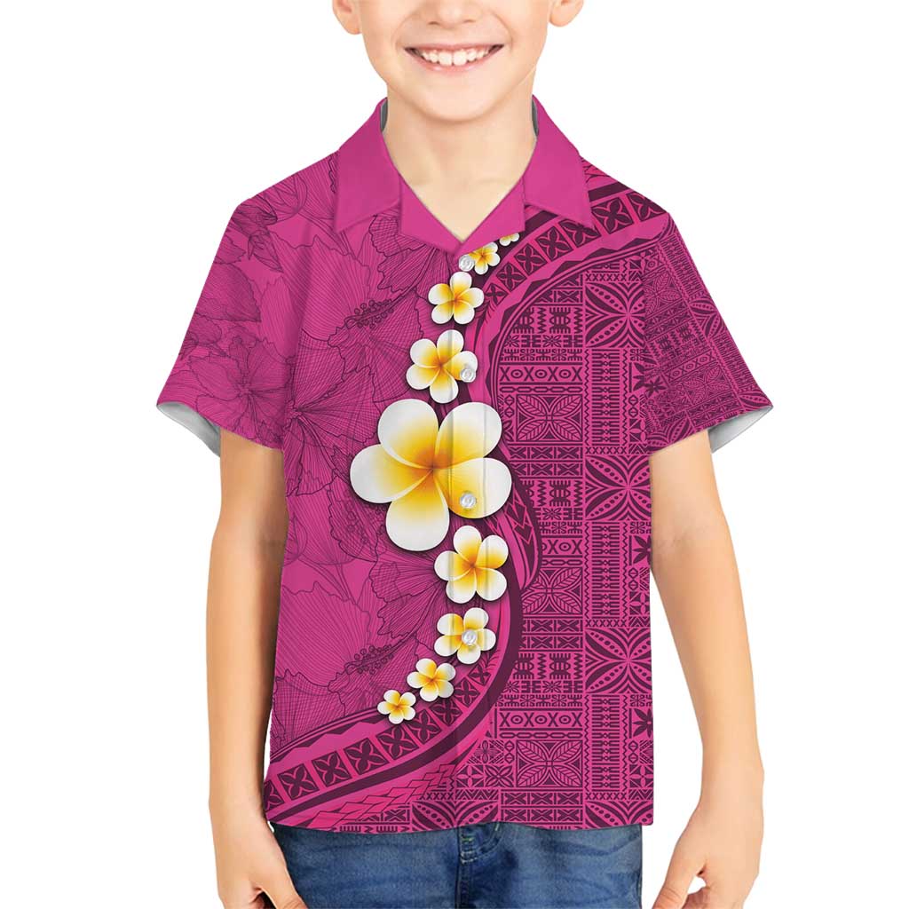 Polynesian Hibiscus and Plumeria with Tapa Pattern Family Matching Long Sleeve Bodycon Dress and Hawaiian Shirt Pink Color LT03 Son's Shirt Pink - Polynesian Pride