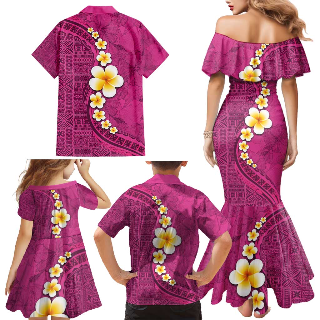 Polynesian Hibiscus and Plumeria with Tapa Pattern Family Matching Mermaid Dress and Hawaiian Shirt Pink Color LT03 - Polynesian Pride