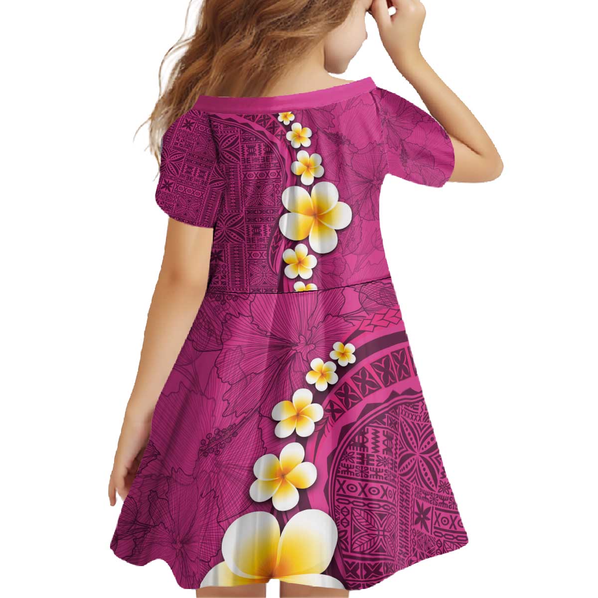Polynesian Hibiscus and Plumeria with Tapa Pattern Family Matching Off The Shoulder Long Sleeve Dress and Hawaiian Shirt Pink Color