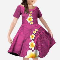Polynesian Hibiscus and Plumeria with Tapa Pattern Family Matching Off Shoulder Maxi Dress and Hawaiian Shirt Pink Color LT03 Daughter's Dress Pink - Polynesian Pride