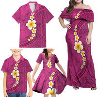 Polynesian Hibiscus and Plumeria with Tapa Pattern Family Matching Off Shoulder Maxi Dress and Hawaiian Shirt Pink Color LT03 - Polynesian Pride