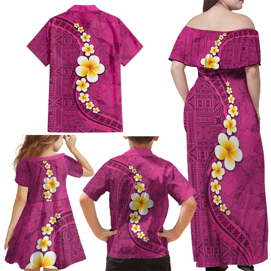 Polynesian Hibiscus and Plumeria with Tapa Pattern Family Matching Off Shoulder Maxi Dress and Hawaiian Shirt Pink Color LT03 - Polynesian Pride