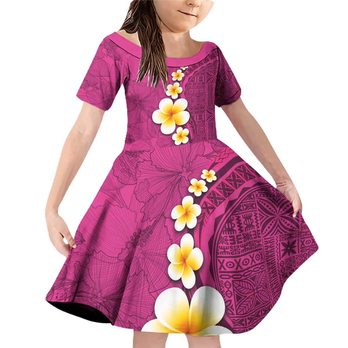 Polynesian Hibiscus and Plumeria with Tapa Pattern Family Matching Off Shoulder Short Dress and Hawaiian Shirt Pink Color