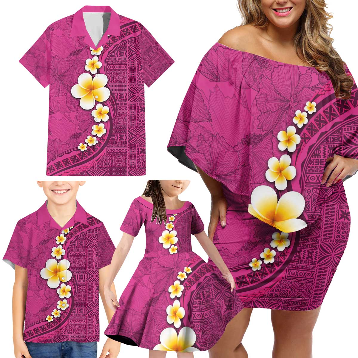 Polynesian Hibiscus and Plumeria with Tapa Pattern Family Matching Off Shoulder Short Dress and Hawaiian Shirt Pink Color