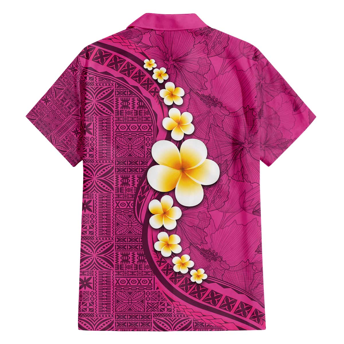 Polynesian Hibiscus and Plumeria with Tapa Pattern Family Matching Off Shoulder Short Dress and Hawaiian Shirt Pink Color