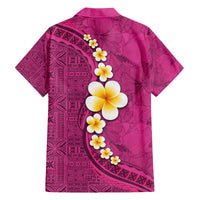 Polynesian Hibiscus and Plumeria with Tapa Pattern Family Matching Off Shoulder Short Dress and Hawaiian Shirt Pink Color