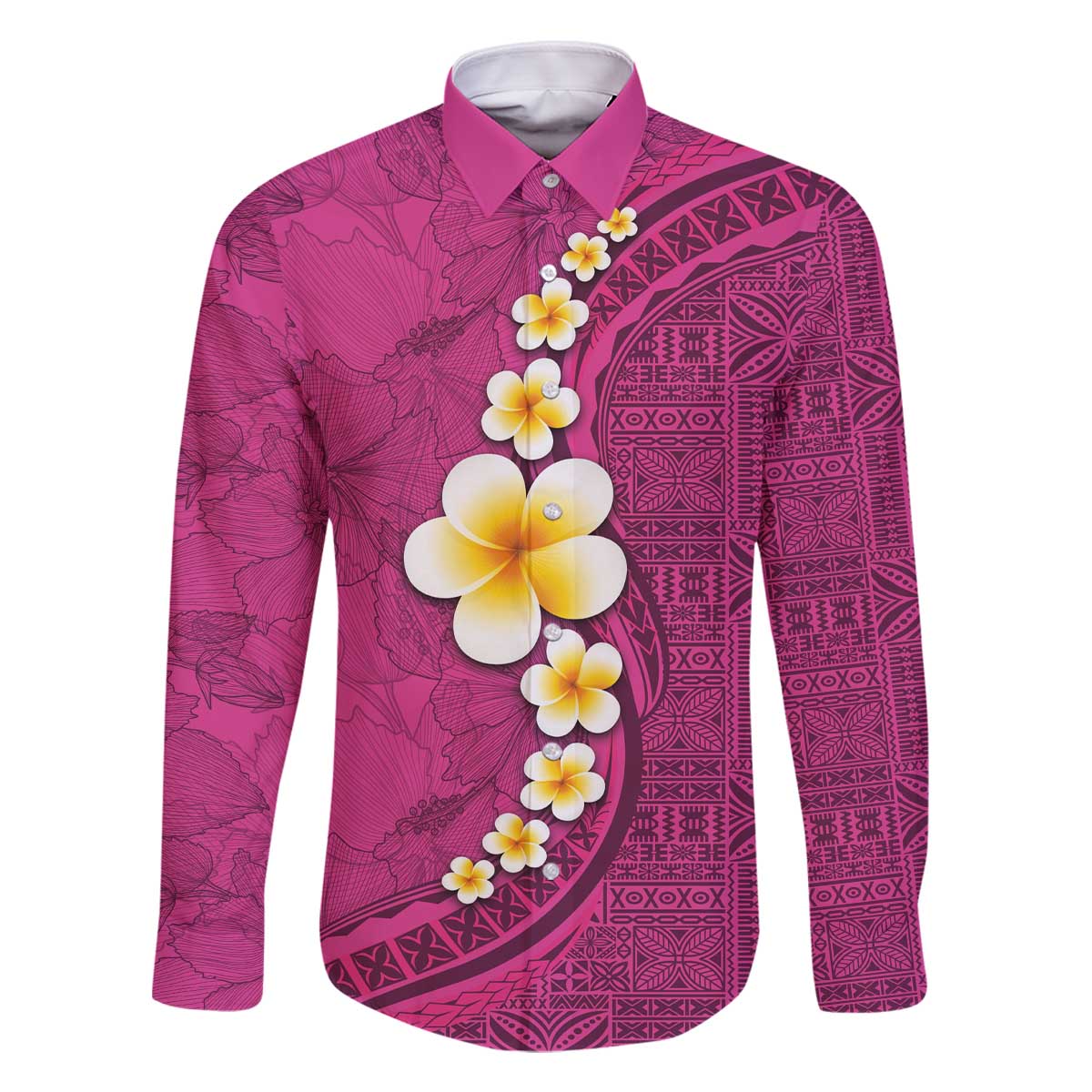 Polynesian Hibiscus and Plumeria with Tapa Pattern Family Matching Off Shoulder Short Dress and Hawaiian Shirt Pink Color