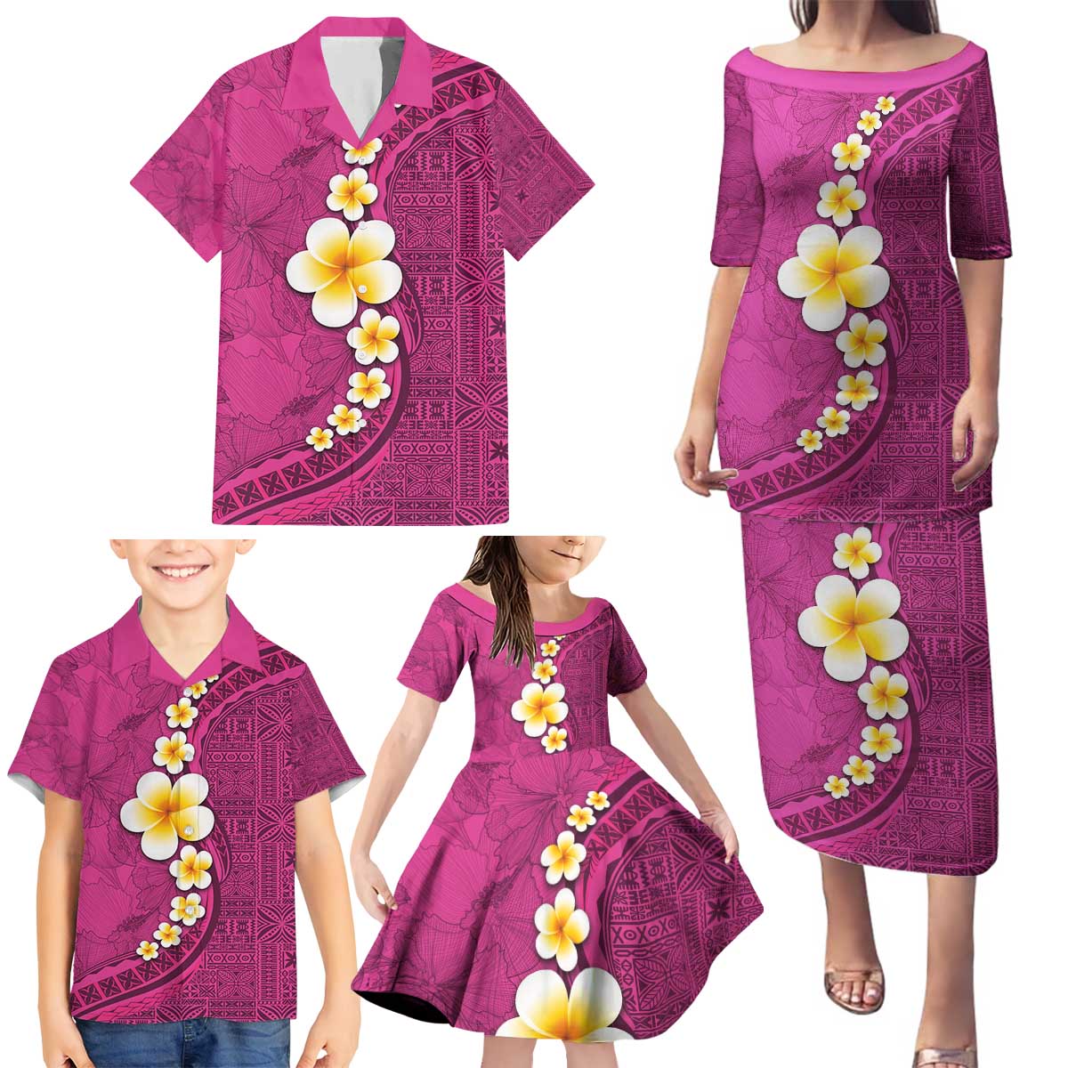 Polynesian Hibiscus and Plumeria with Tapa Pattern Family Matching Puletasi and Hawaiian Shirt Pink Color LT03 - Polynesian Pride