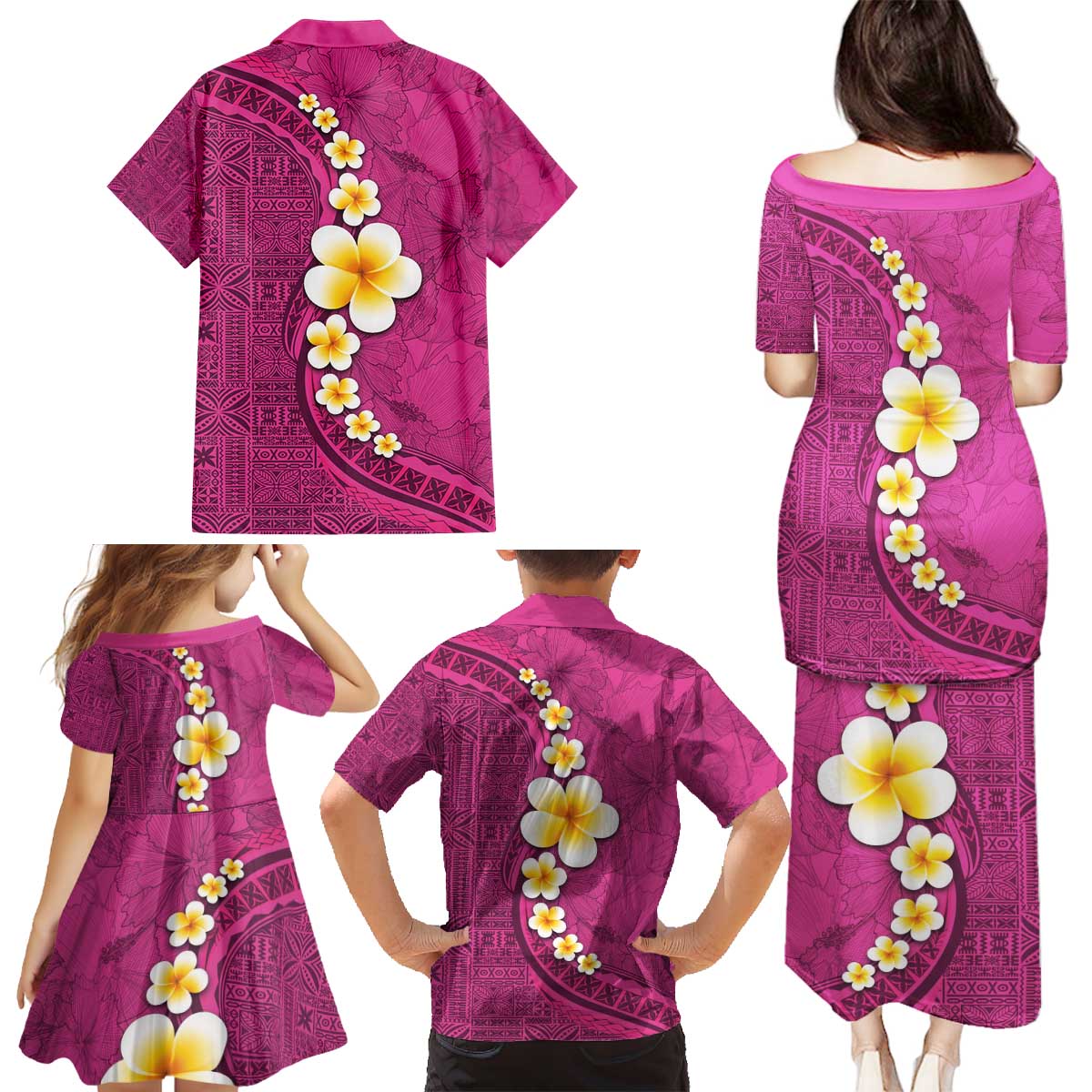 Polynesian Hibiscus and Plumeria with Tapa Pattern Family Matching Puletasi and Hawaiian Shirt Pink Color LT03 - Polynesian Pride