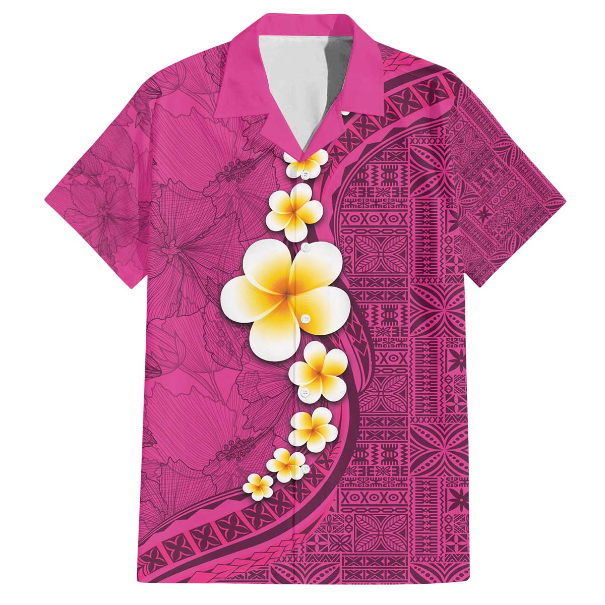 Polynesian Hibiscus and Plumeria with Tapa Pattern Family Matching Puletasi and Hawaiian Shirt Pink Color LT03 Dad's Shirt - Short Sleeve Pink - Polynesian Pride