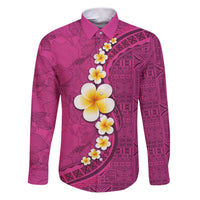 Polynesian Hibiscus and Plumeria with Tapa Pattern Family Matching Puletasi and Hawaiian Shirt Pink Color LT03 Dad's Shirt - Long Sleeve Pink - Polynesian Pride