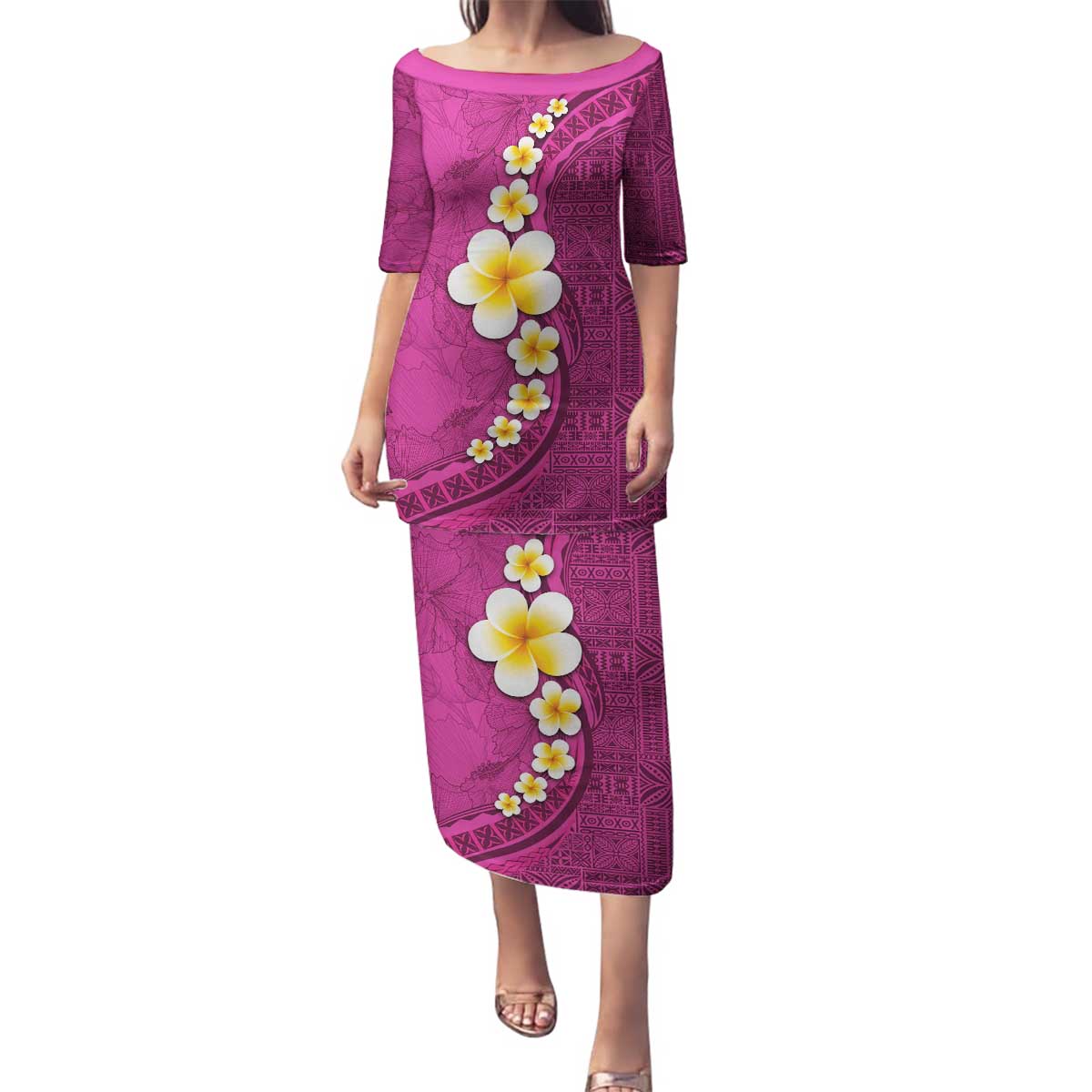 Polynesian Hibiscus and Plumeria with Tapa Pattern Family Matching Puletasi and Hawaiian Shirt Pink Color LT03 Mom's Dress Pink - Polynesian Pride
