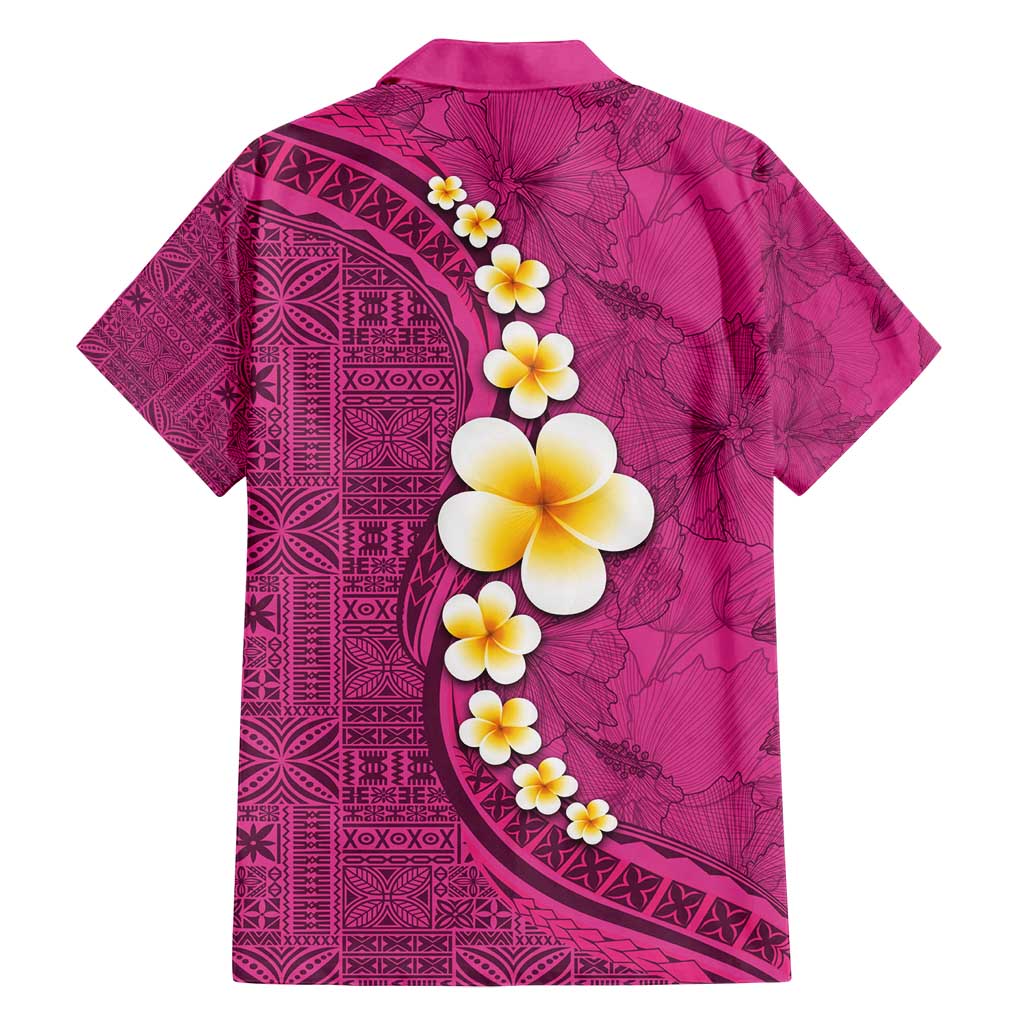 Polynesian Hibiscus and Plumeria with Tapa Pattern Family Matching Summer Maxi Dress and Hawaiian Shirt Pink Color