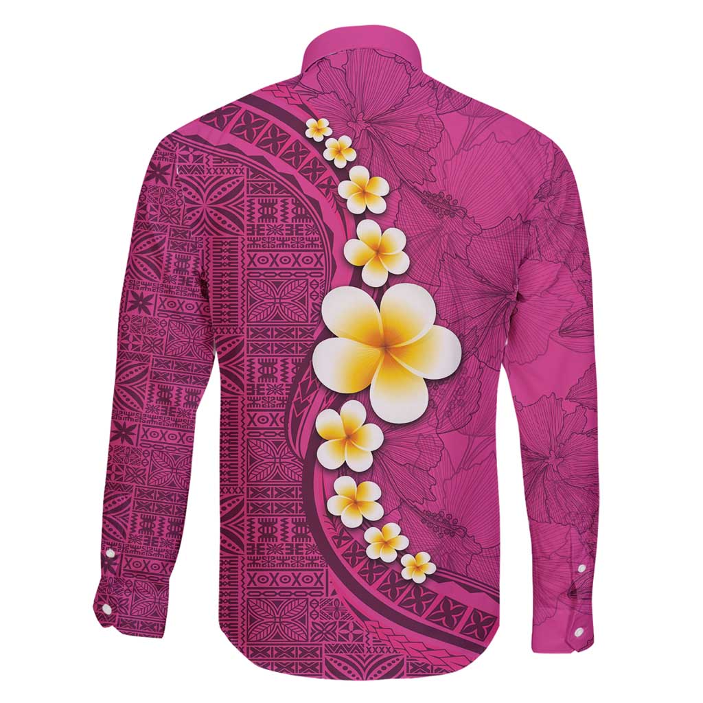 Polynesian Hibiscus and Plumeria with Tapa Pattern Family Matching Summer Maxi Dress and Hawaiian Shirt Pink Color