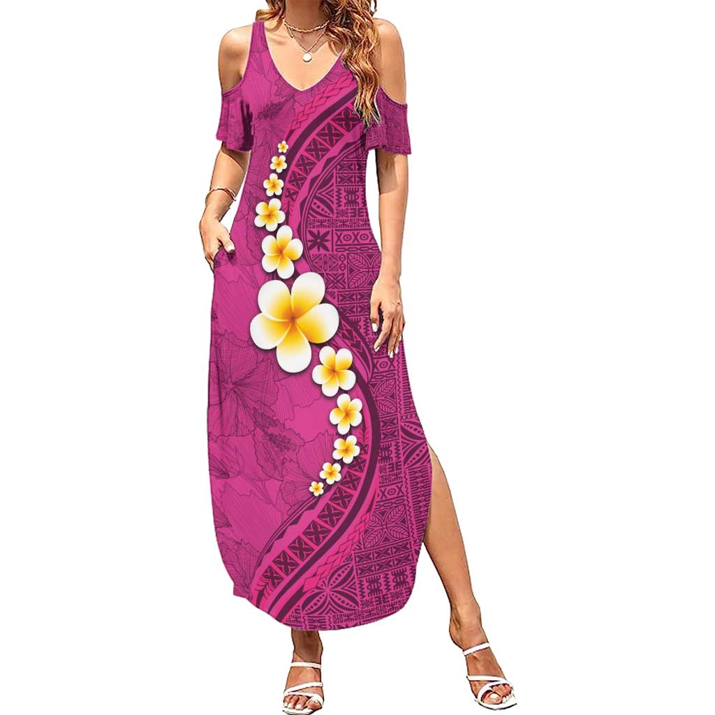 Polynesian Hibiscus and Plumeria with Tapa Pattern Family Matching Summer Maxi Dress and Hawaiian Shirt Pink Color
