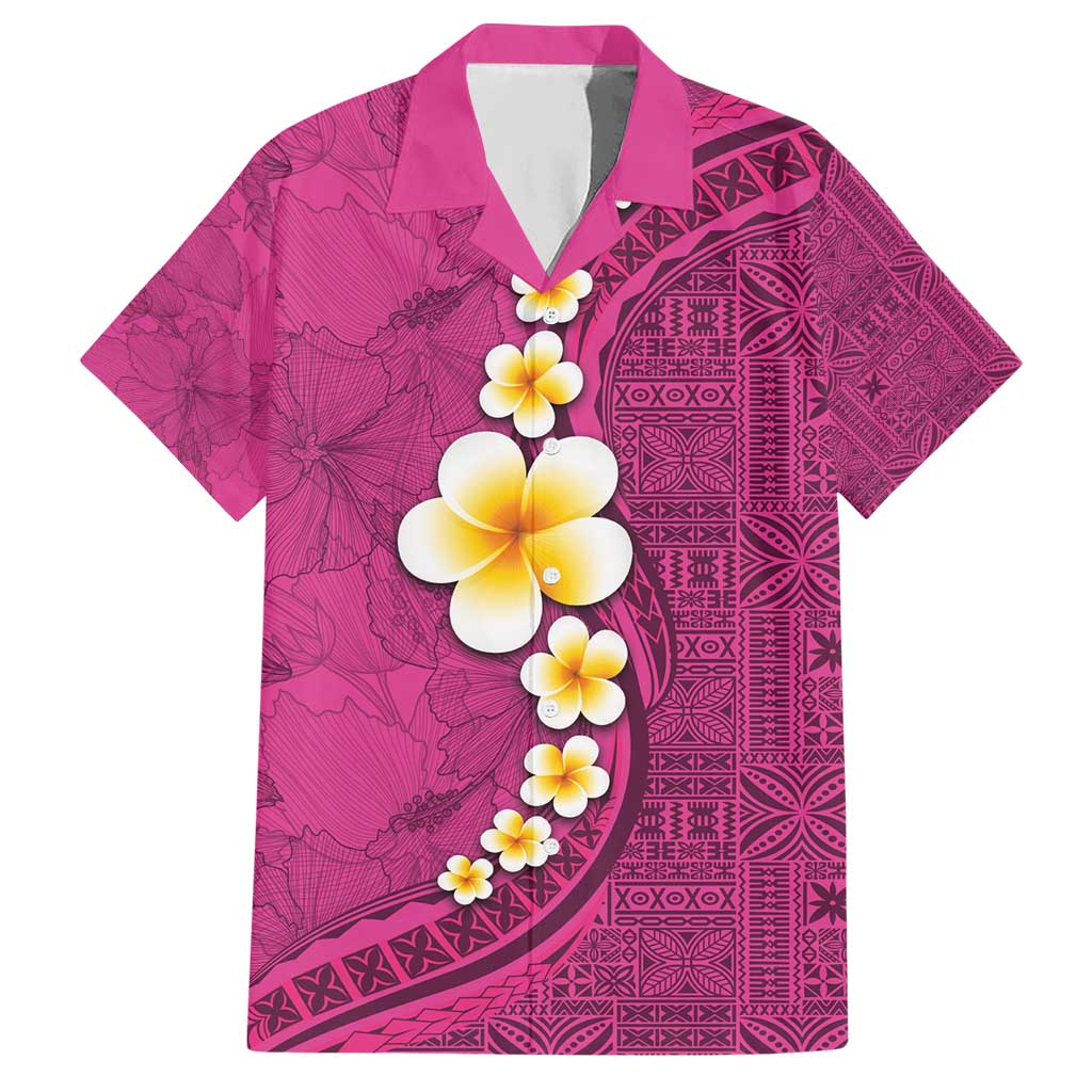 Polynesian Hibiscus and Plumeria with Tapa Pattern Hawaiian Shirt Pink Color