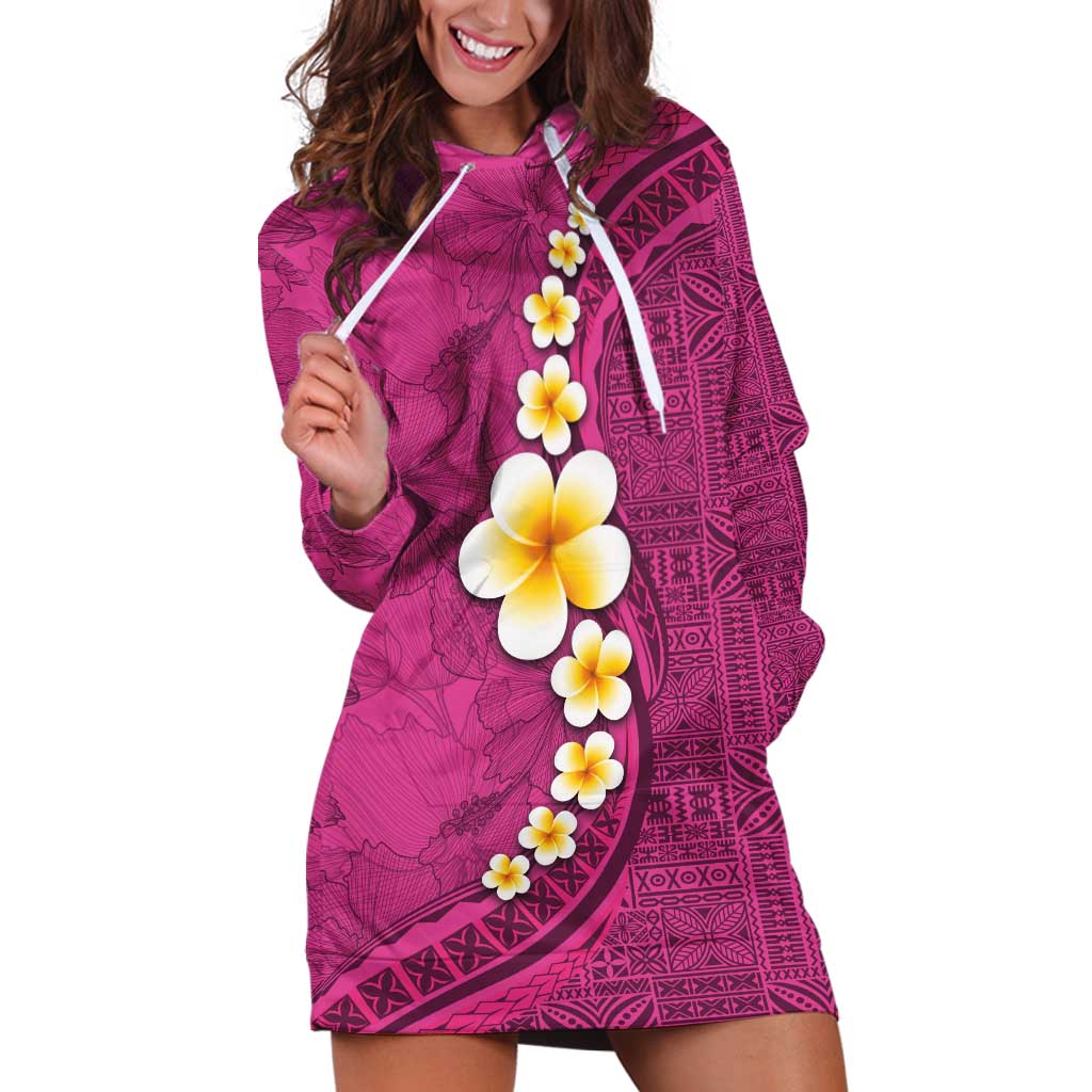 Polynesian Hibiscus and Plumeria with Tapa Pattern Hoodie Dress Pink Color