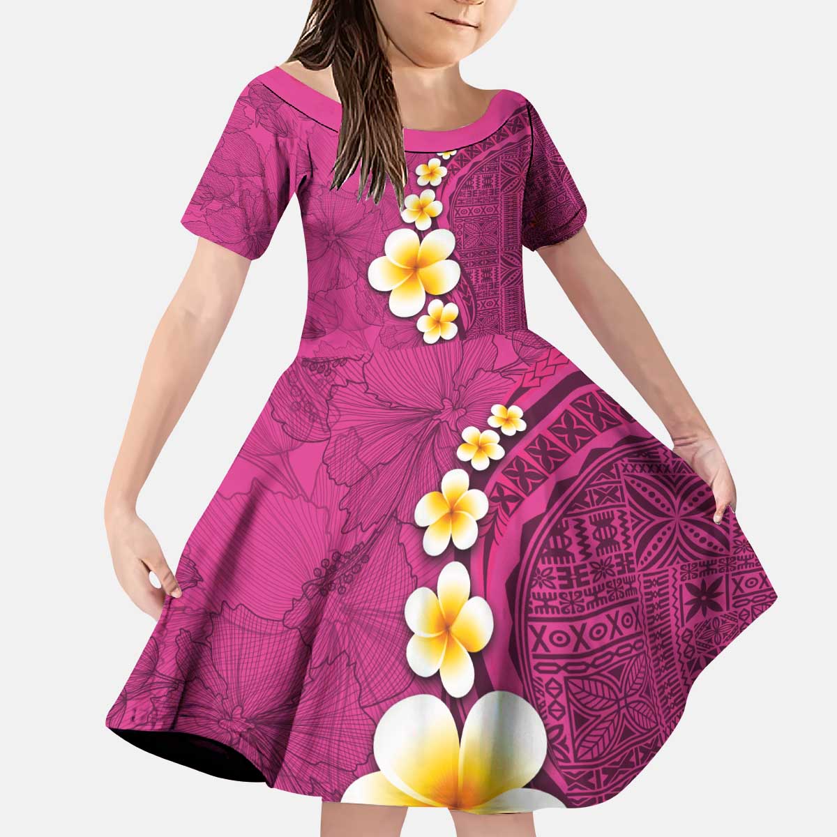 Polynesian Hibiscus and Plumeria with Tapa Pattern Kid Short Sleeve Dress Pink Color